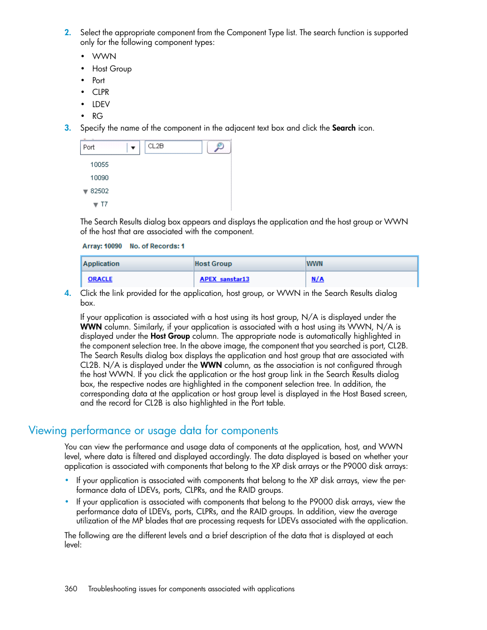 Viewing performance or usage data for components | HP XP P9000 Performance Advisor Software User Manual | Page 360 / 476