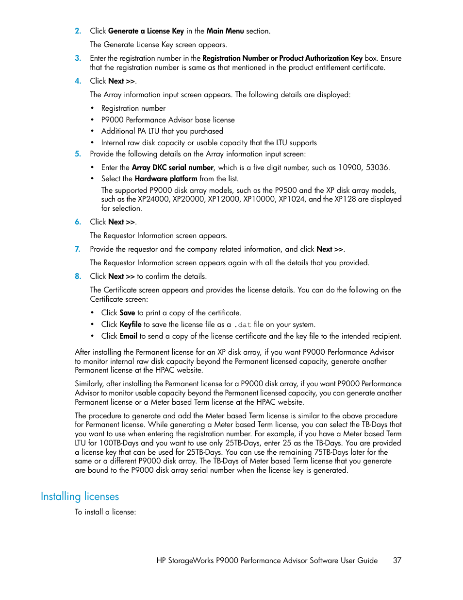 Installing licenses | HP XP P9000 Performance Advisor Software User Manual | Page 37 / 476