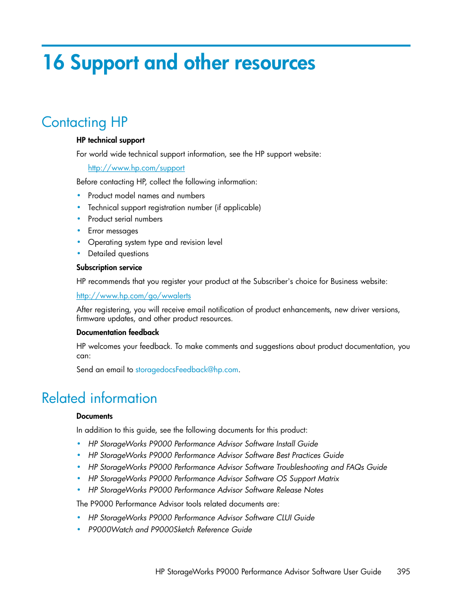 16 support and other resources, Contacting hp, Related information | 395 related information | HP XP P9000 Performance Advisor Software User Manual | Page 395 / 476