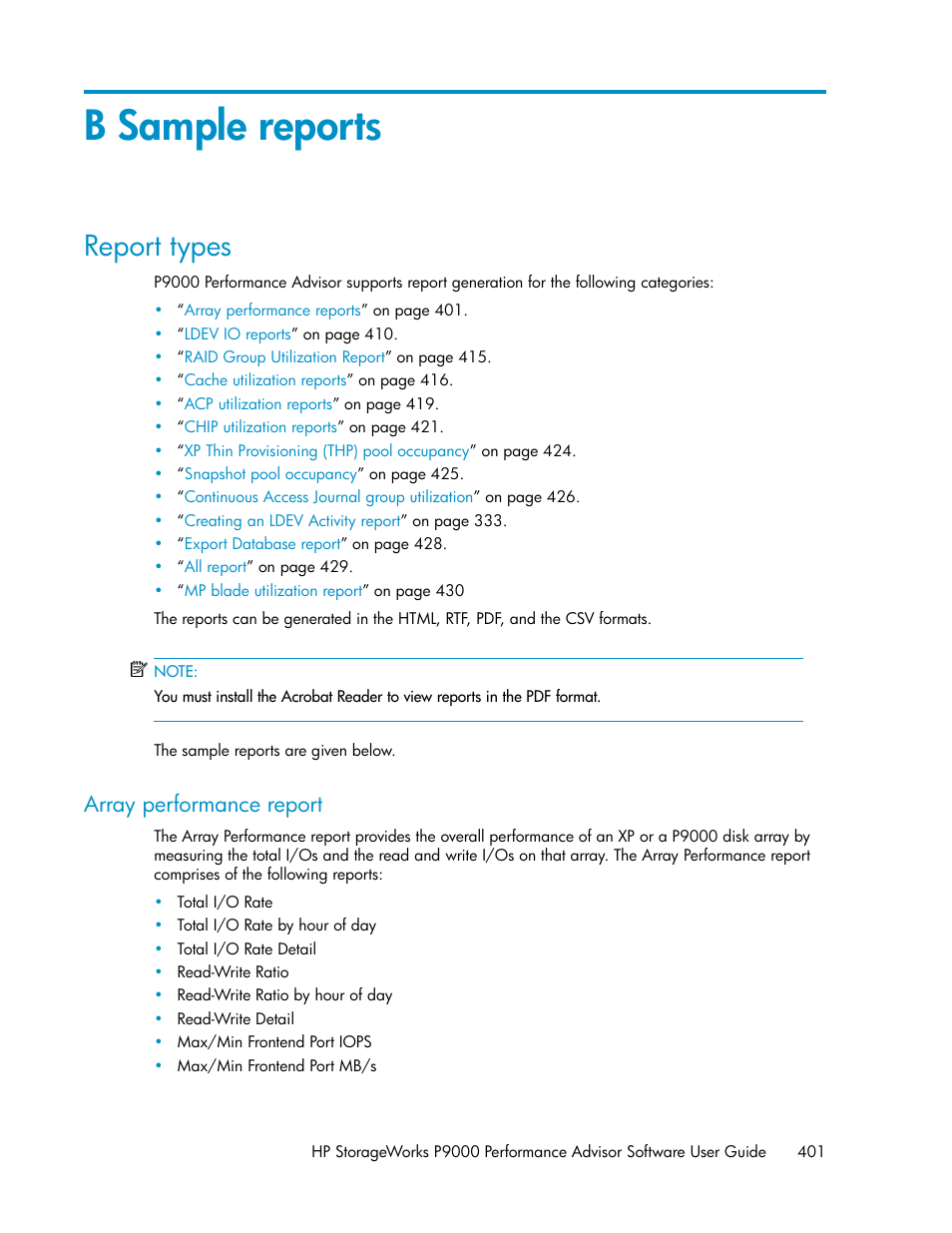 B sample reports, Report types, Array performance report | Appendix b - sample, Reports | HP XP P9000 Performance Advisor Software User Manual | Page 401 / 476