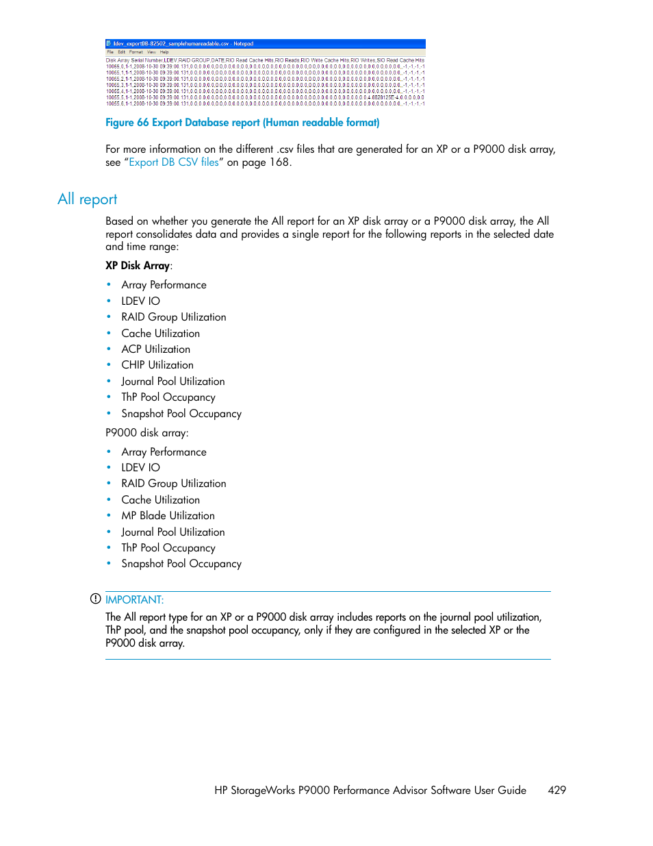 All report, Export database report (human readable format) | HP XP P9000 Performance Advisor Software User Manual | Page 429 / 476