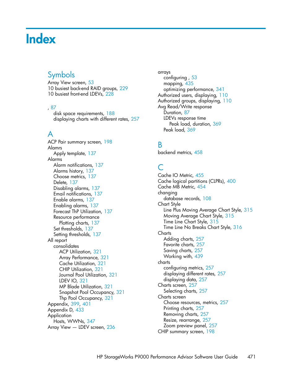 Index, Symbols | HP XP P9000 Performance Advisor Software User Manual | Page 471 / 476