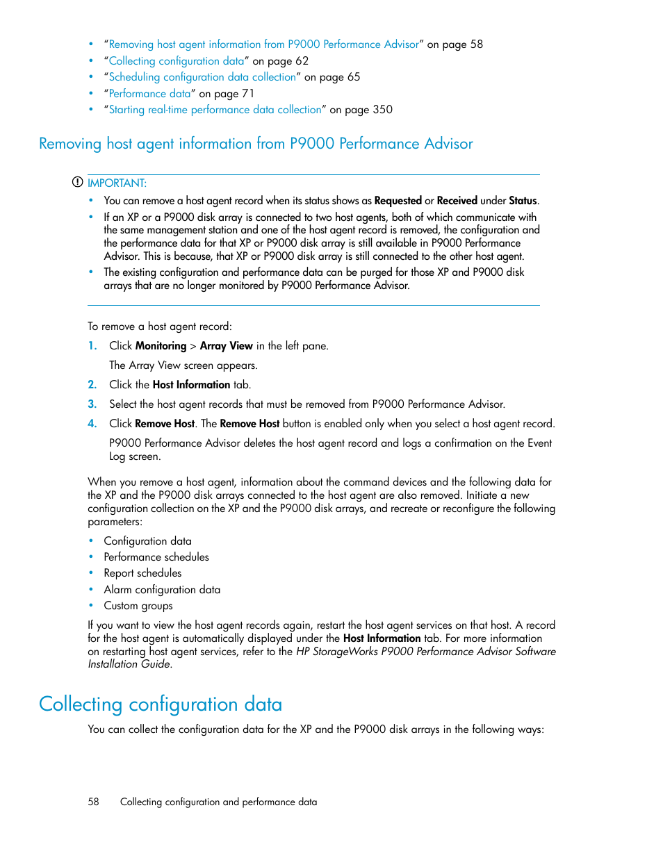 Collecting configuration data, Configuration data | HP XP P9000 Performance Advisor Software User Manual | Page 58 / 476