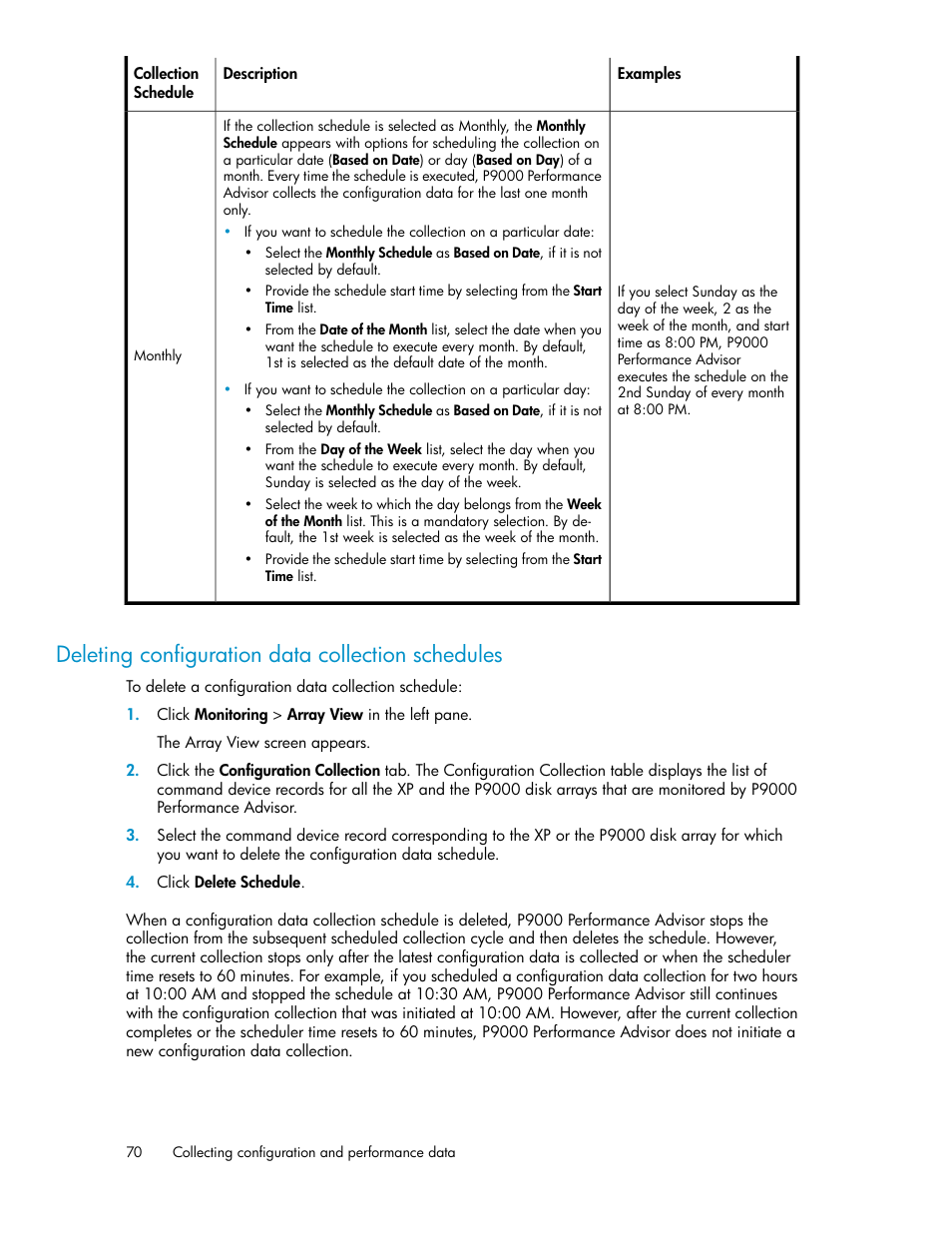 Deleting configuration data collection schedules | HP XP P9000 Performance Advisor Software User Manual | Page 70 / 476