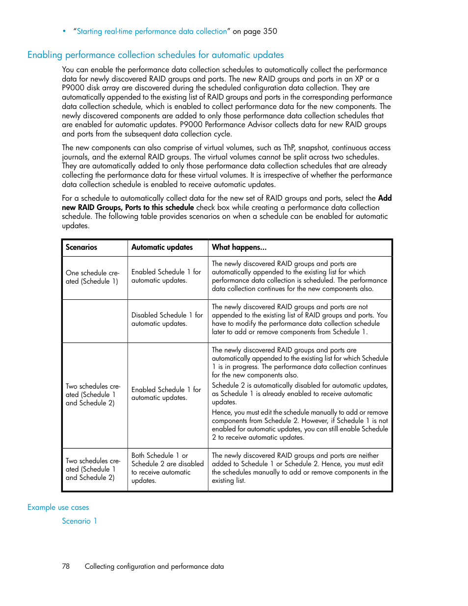 Dates, Enabling performance, Collection schedules for automatic updates | Enabling performance collection, Schedules for automatic updates | HP XP P9000 Performance Advisor Software User Manual | Page 78 / 476