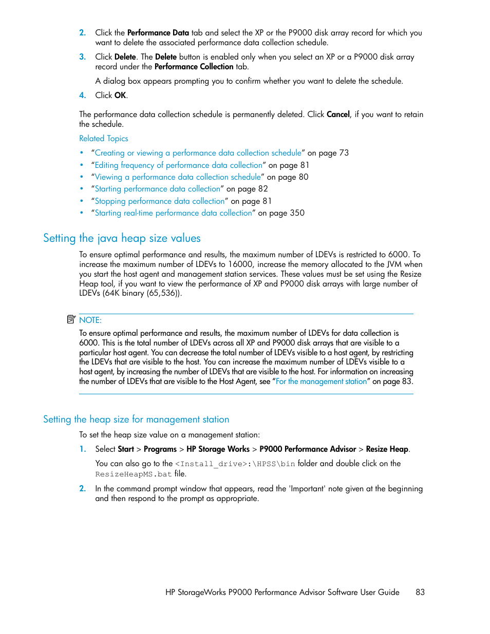 Setting the java heap size values, Setting the heap size for management station | HP XP P9000 Performance Advisor Software User Manual | Page 83 / 476