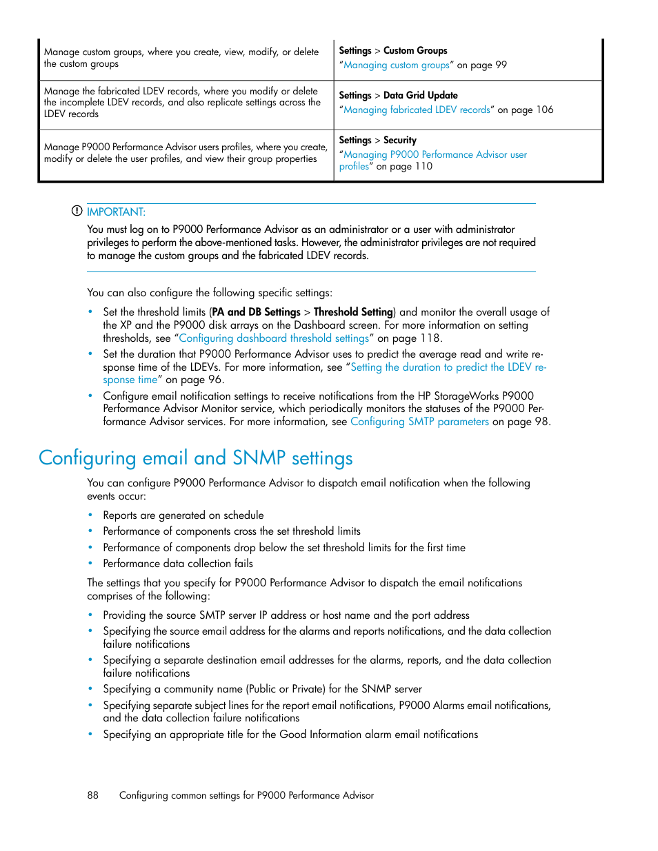 Configuring email and snmp settings, Configuring, Email and snmp settings | HP XP P9000 Performance Advisor Software User Manual | Page 88 / 476