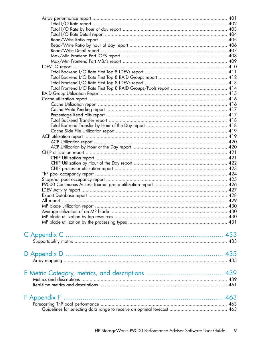 C appendix c, D appendix d, E metric category, metrics, and descriptions | F appendix f | HP XP P9000 Performance Advisor Software User Manual | Page 9 / 476