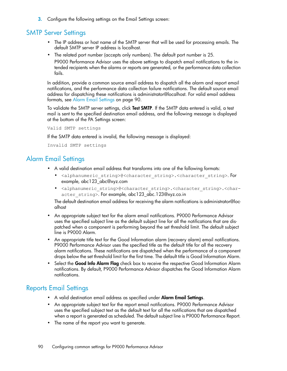 Smtp server settings, Alarm email settings, Reports email settings | HP XP P9000 Performance Advisor Software User Manual | Page 90 / 476
