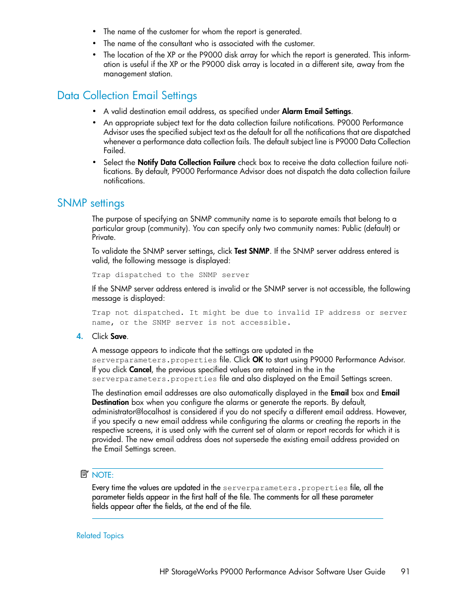 Data collection email settings, Snmp settings | HP XP P9000 Performance Advisor Software User Manual | Page 91 / 476