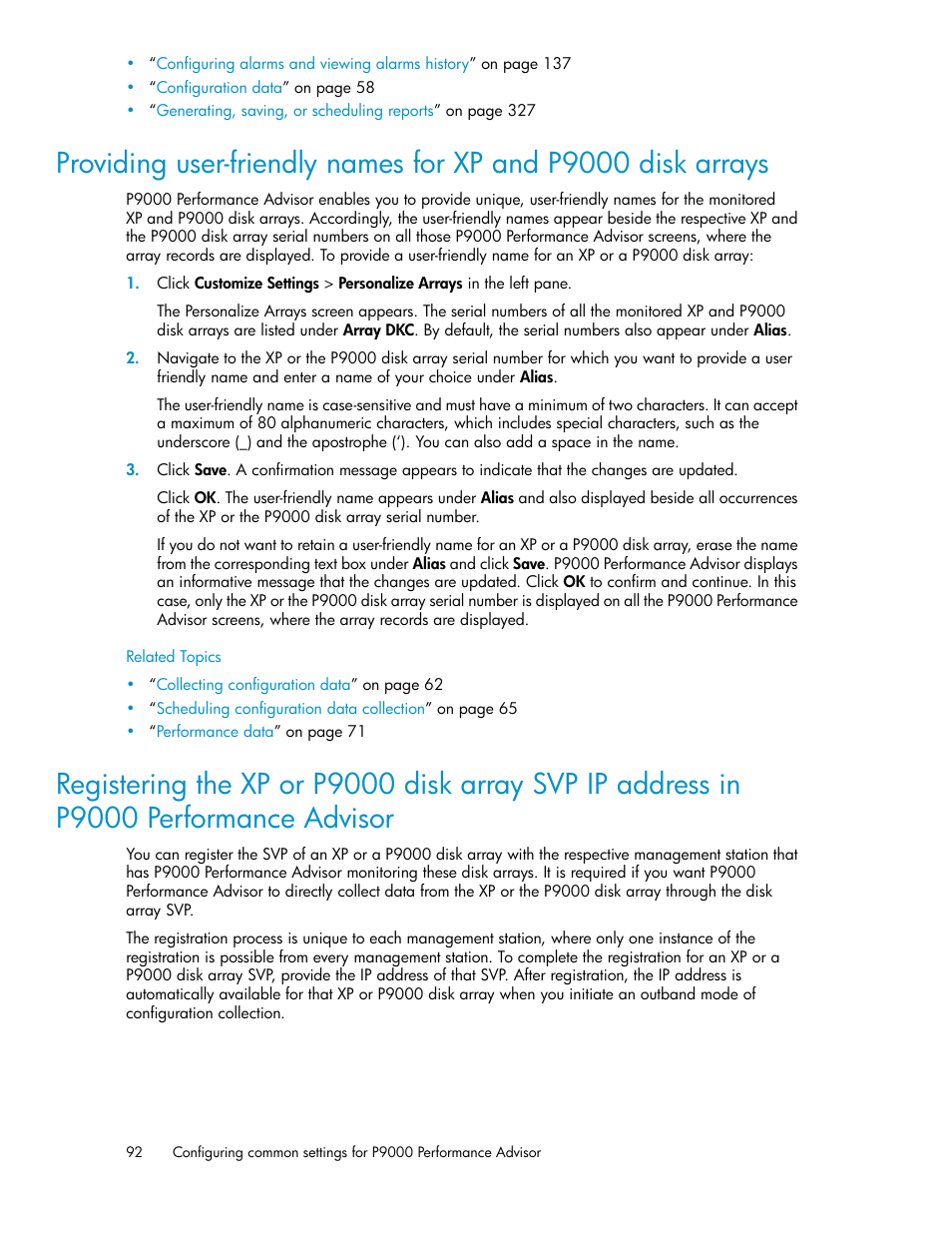 Visor, Performance advisor, Arrays | P9000 performance advisor | HP XP P9000 Performance Advisor Software User Manual | Page 92 / 476