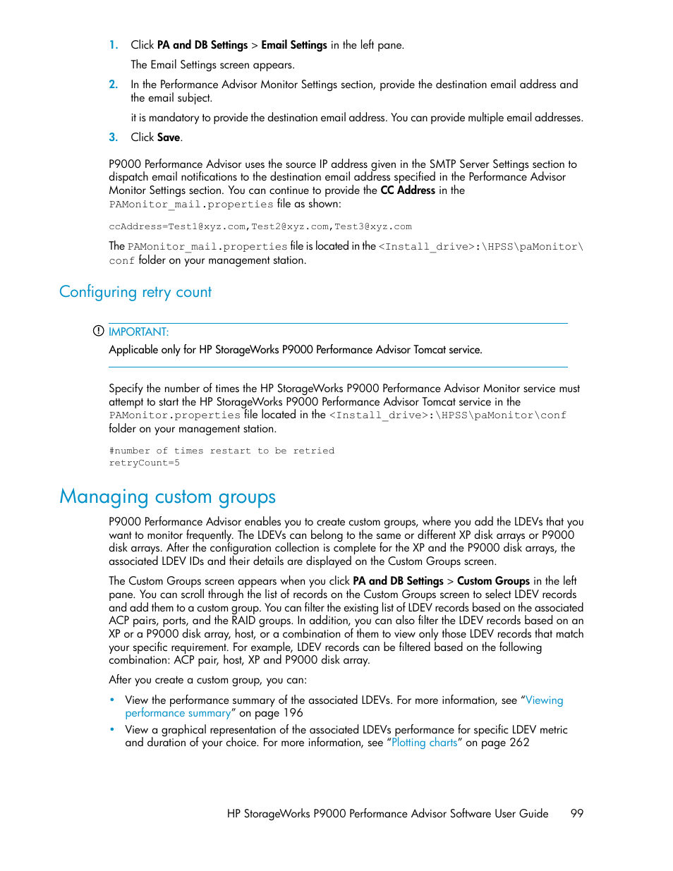 Managing custom groups, Configuring retry count | HP XP P9000 Performance Advisor Software User Manual | Page 99 / 476