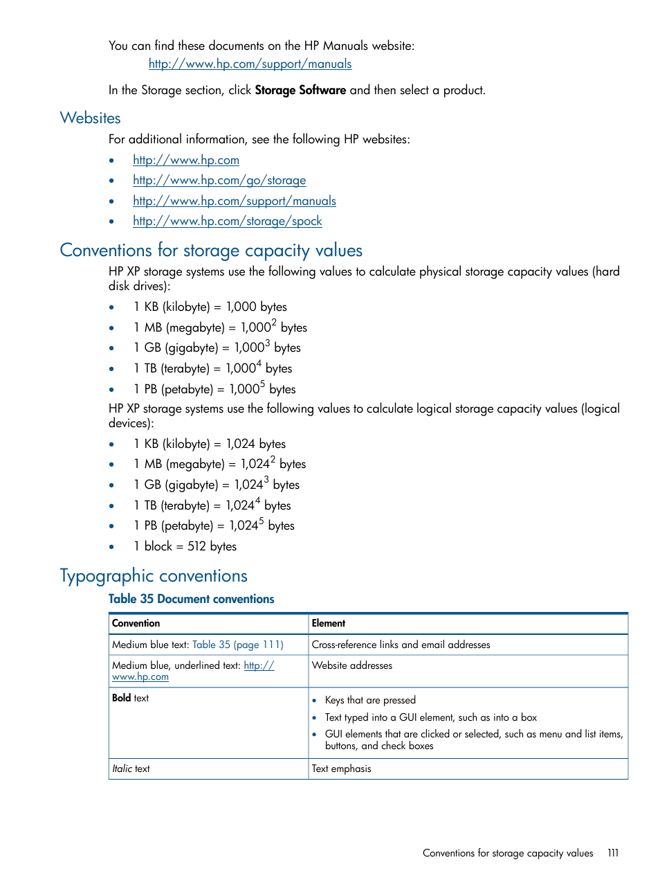 Websites, Conventions for storage capacity values, Typographic conventions | HP StorageWorks XP Remote Web Console Software User Manual | Page 111 / 116