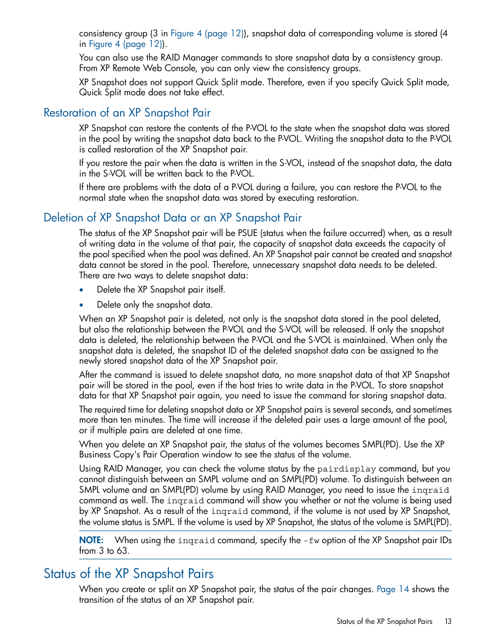 Restoration of an xp snapshot pair, Status of the xp snapshot pairs | HP StorageWorks XP Remote Web Console Software User Manual | Page 13 / 116