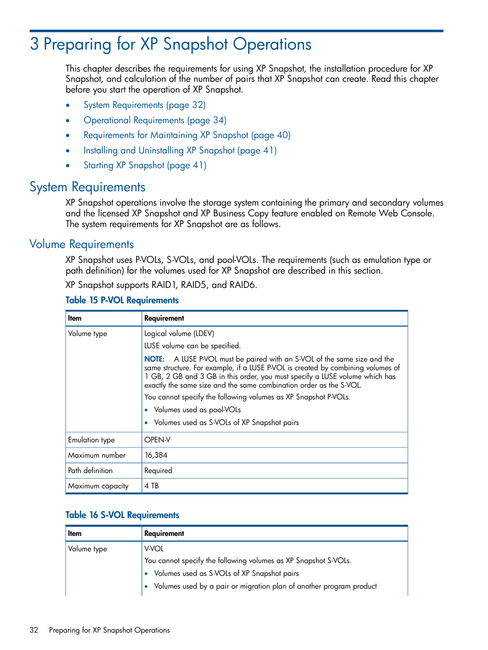 3 preparing for xp snapshot operations, System requirements, Volume requirements | HP StorageWorks XP Remote Web Console Software User Manual | Page 32 / 116