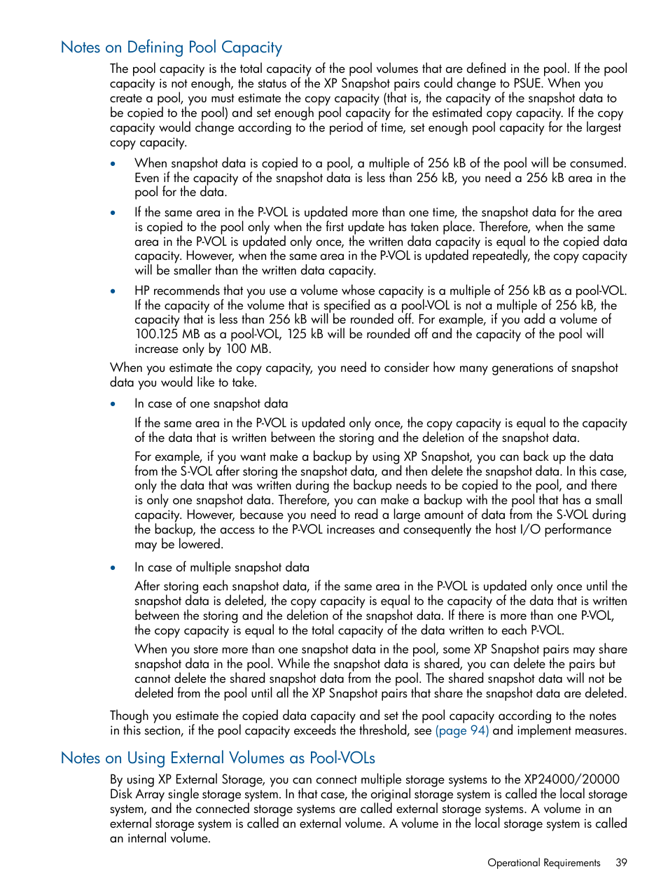 Notes on defining pool capacity, Notes on using external volumes as pool-vols | HP StorageWorks XP Remote Web Console Software User Manual | Page 39 / 116
