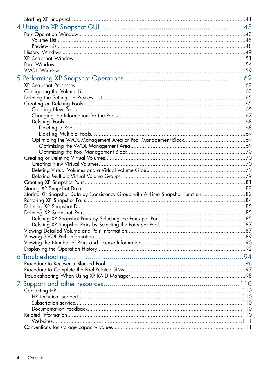 4 using the xp snapshot gui, 5 performing xp snapshot operations, 6 troubleshooting | 7 support and other resources | HP StorageWorks XP Remote Web Console Software User Manual | Page 4 / 116