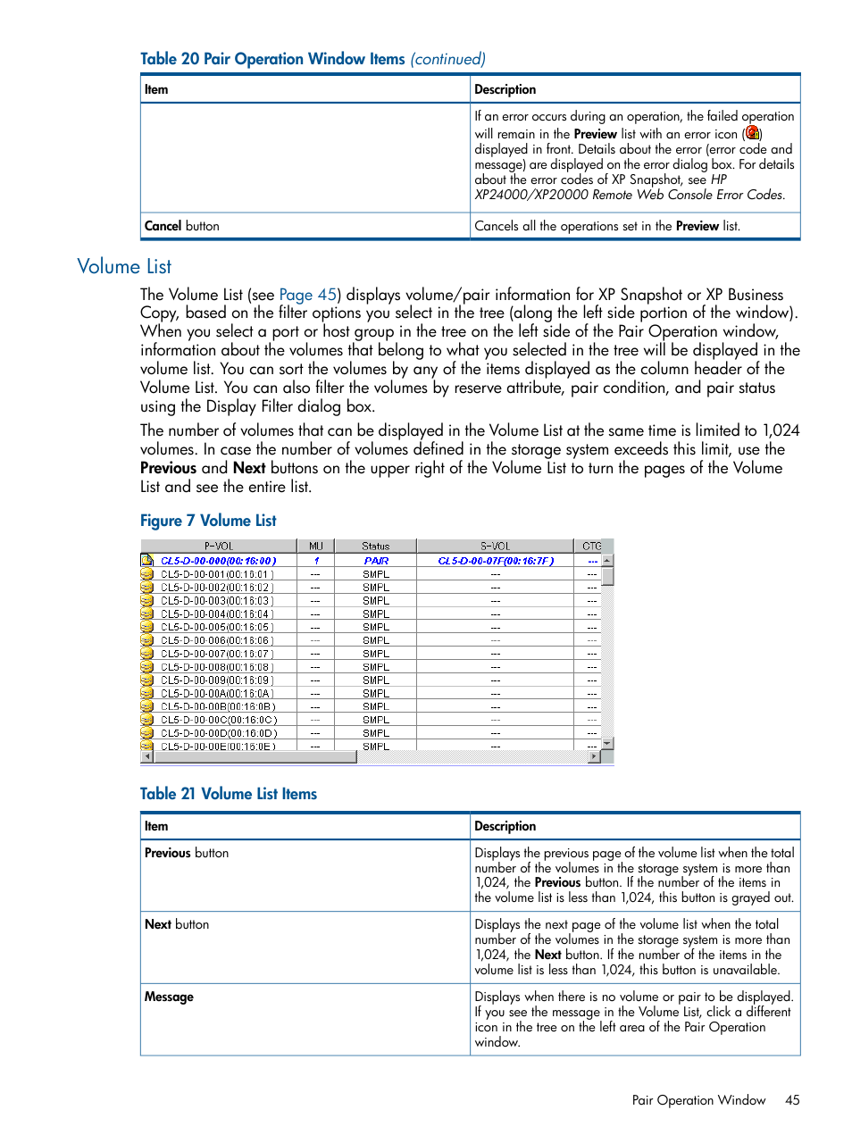 Volume list | HP StorageWorks XP Remote Web Console Software User Manual | Page 45 / 116