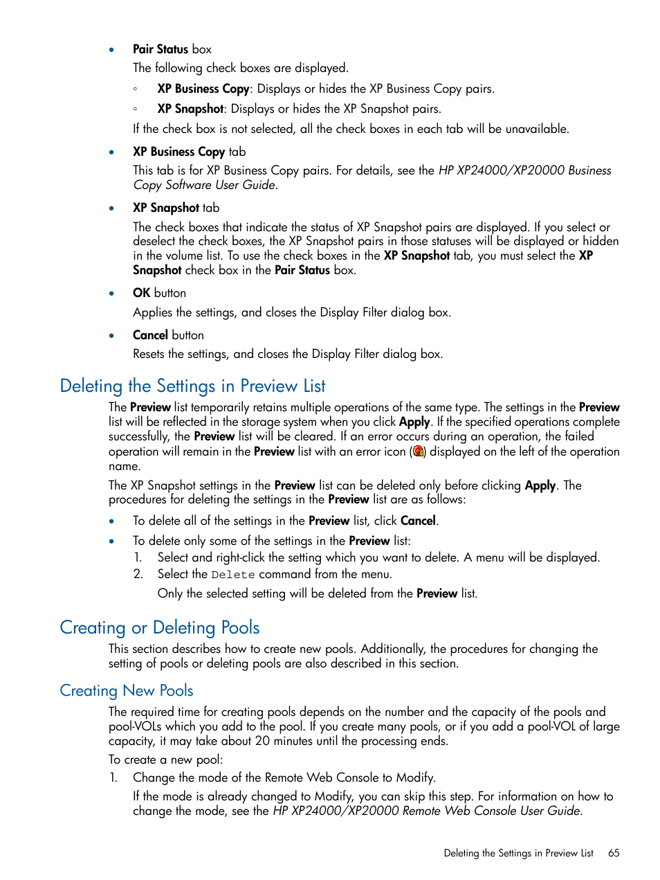 Deleting the settings in preview list, Creating or deleting pools, Creating new pools | HP StorageWorks XP Remote Web Console Software User Manual | Page 65 / 116