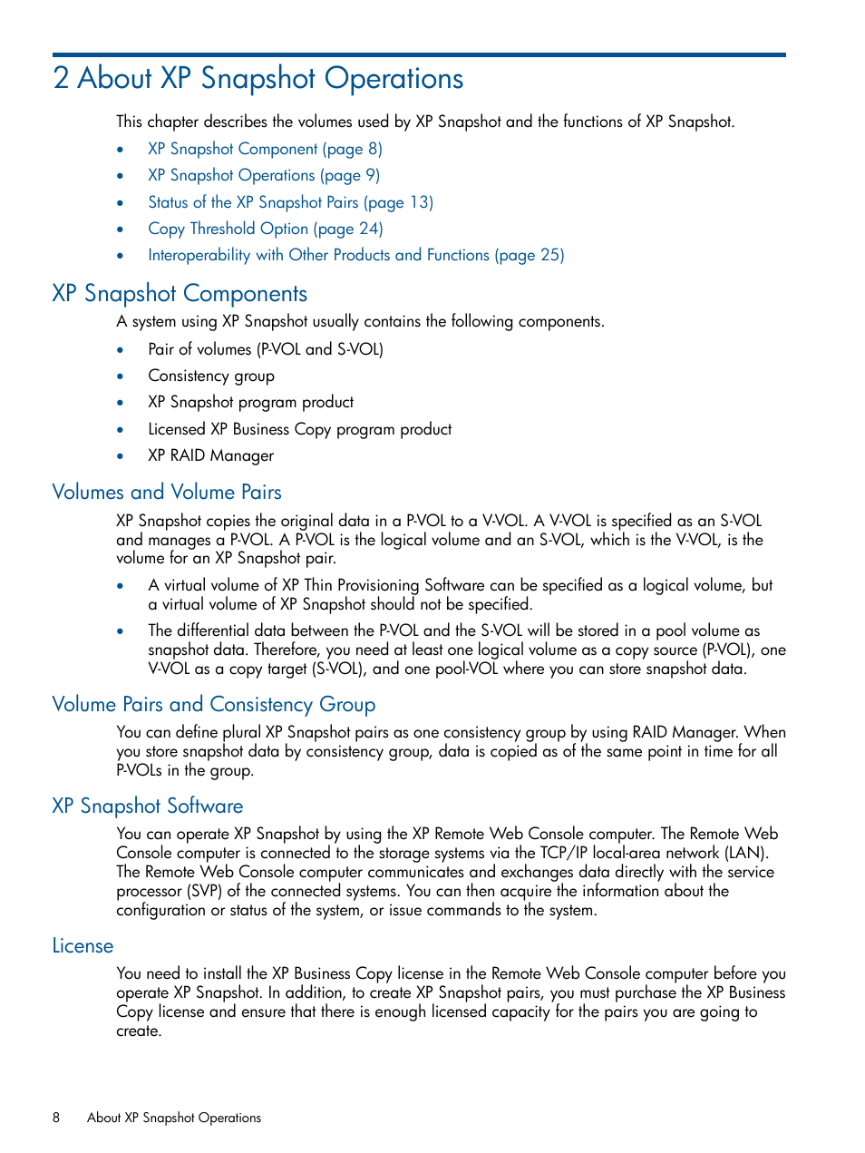 2 about xp snapshot operations, Xp snapshot components, Volumes and volume pairs | Volume pairs and consistency group, Xp snapshot software, License | HP StorageWorks XP Remote Web Console Software User Manual | Page 8 / 116