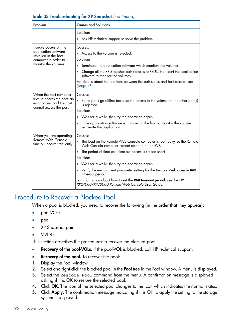 Procedure to recover a blocked pool | HP StorageWorks XP Remote Web Console Software User Manual | Page 96 / 116