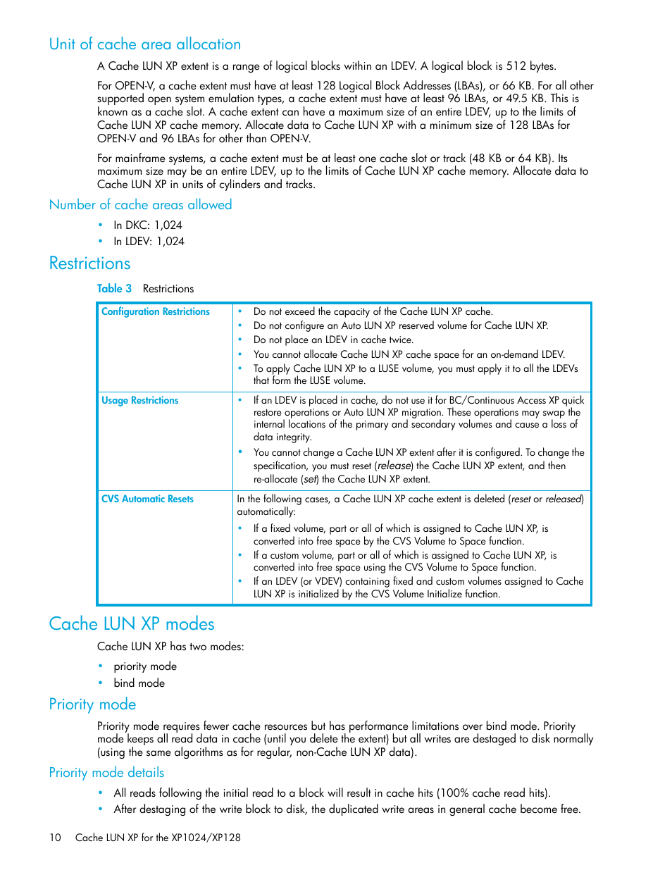 Unit of cache area allocation, Number of cache areas allowed, Restrictions | Table 3 restrictions, Cache lun xp modes, Priority mode, Priority mode details, 3 restrictions, Restrictions cache lun xp modes | HP XP Cache LUN Software User Manual | Page 10 / 20