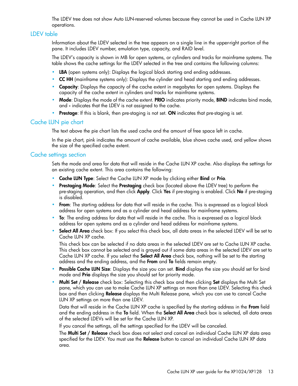 Ldev table, Cache lun pie chart, Cache settings section | HP XP Cache LUN Software User Manual | Page 13 / 20