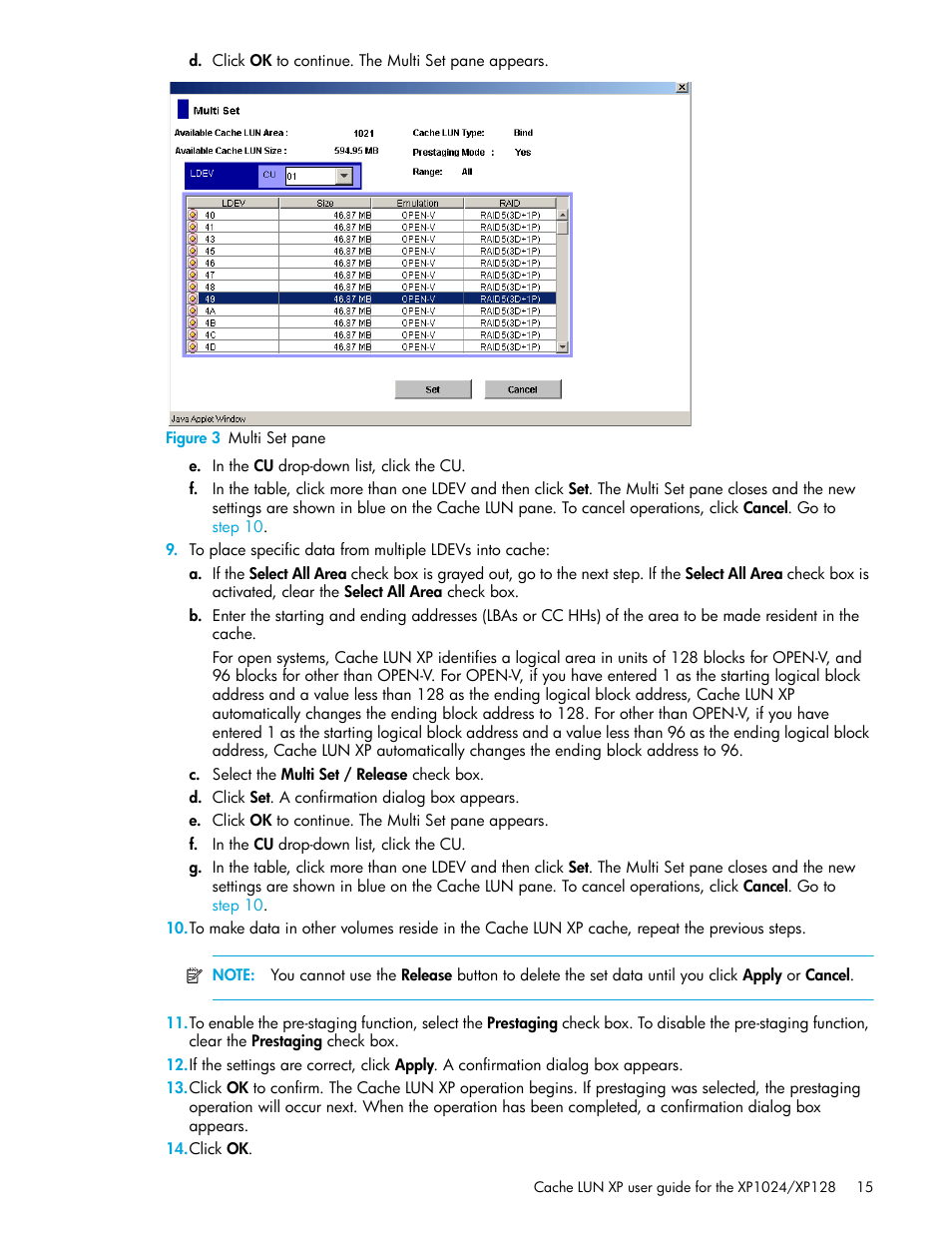 Figure 3 multi set pane, 3 multi set pane, Step 9 | Step 10 | HP XP Cache LUN Software User Manual | Page 15 / 20