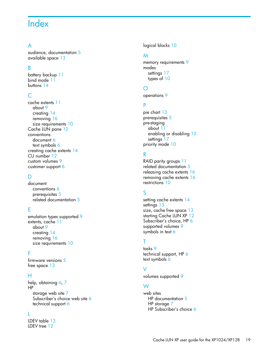 Index | HP XP Cache LUN Software User Manual | Page 19 / 20