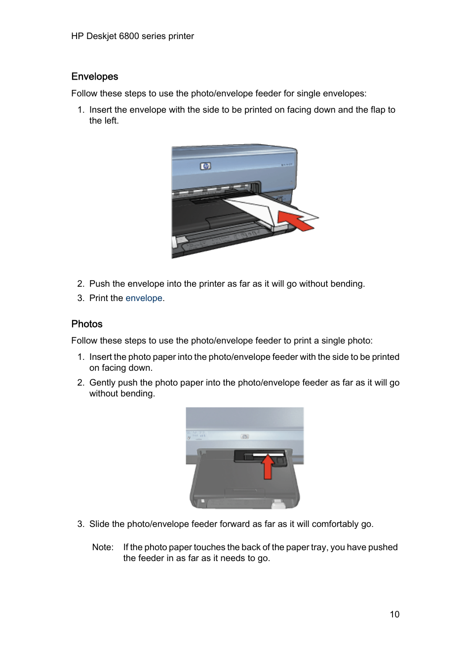 Envelopes, Photos | HP Deskjet 6840 Color Inkjet Printer User Manual | Page 10 / 193