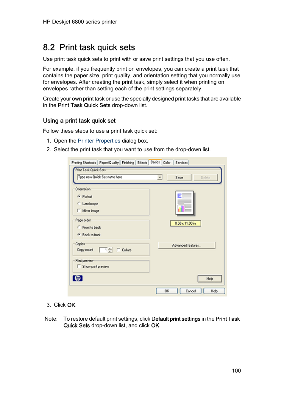 2 print task quick sets, Using a print task quick set, Create | Print task quick sets | HP Deskjet 6840 Color Inkjet Printer User Manual | Page 100 / 193