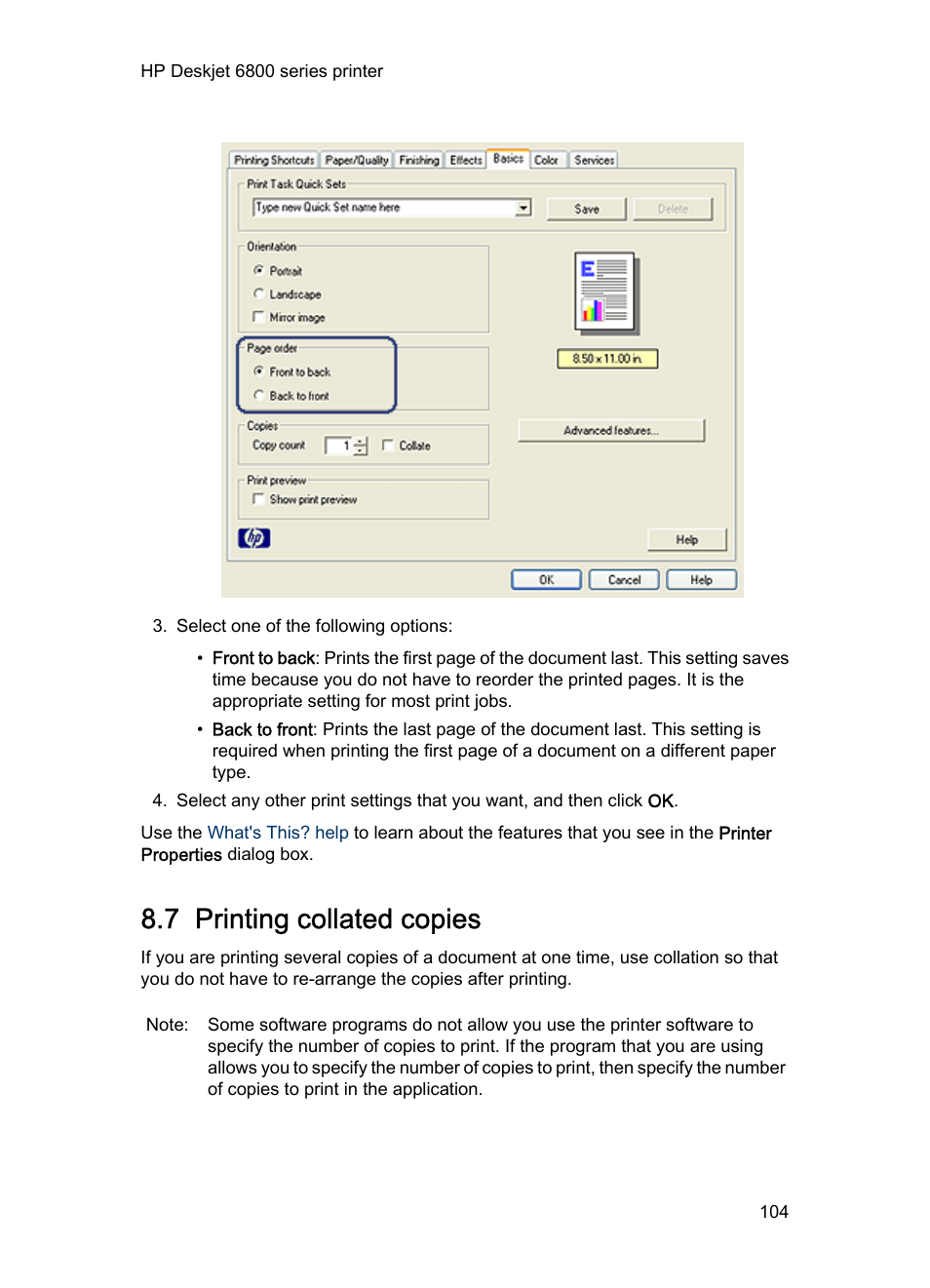 7 printing collated copies, Collated copies | HP Deskjet 6840 Color Inkjet Printer User Manual | Page 104 / 193