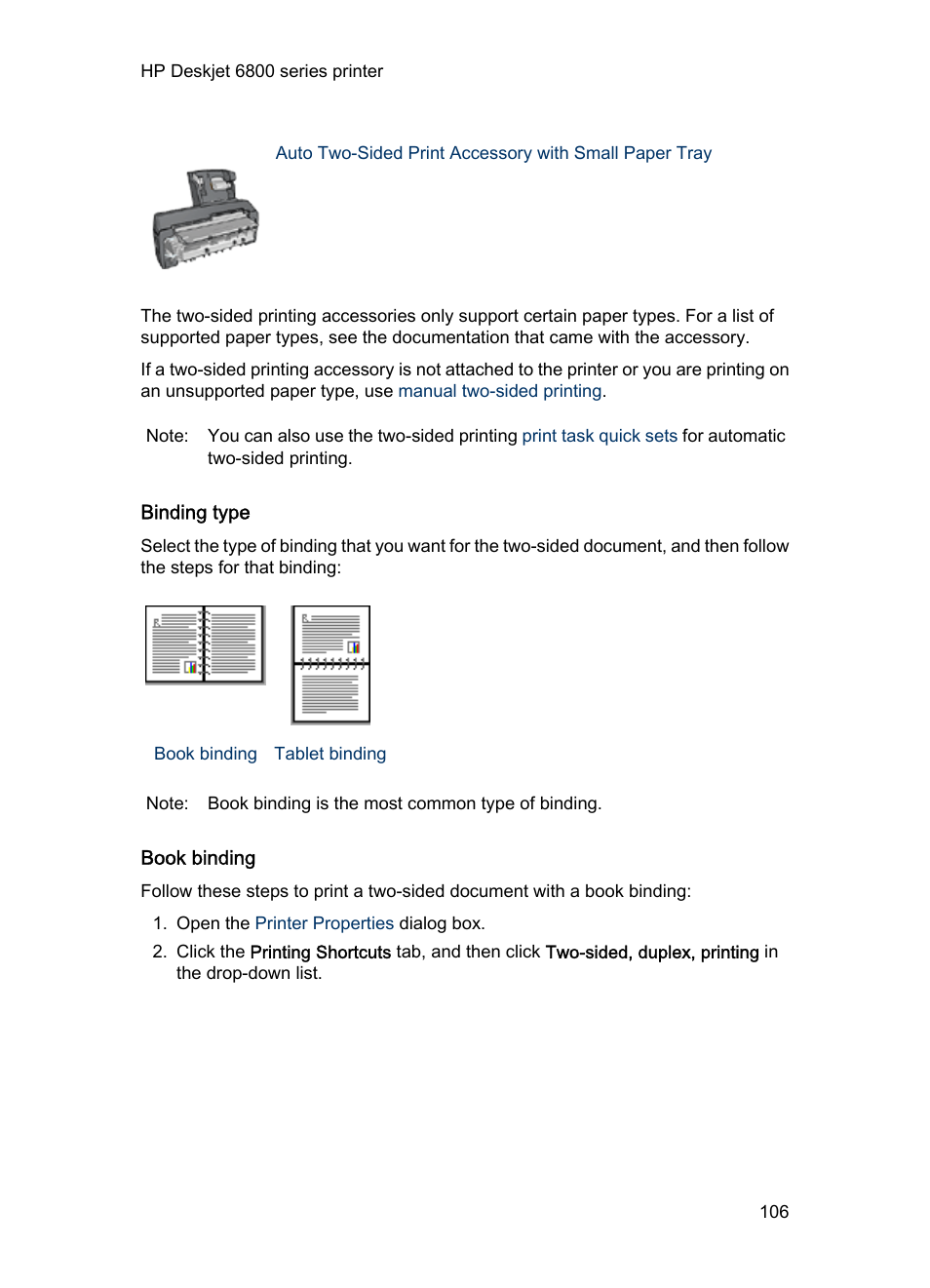 Binding type, Book binding | HP Deskjet 6840 Color Inkjet Printer User Manual | Page 106 / 193