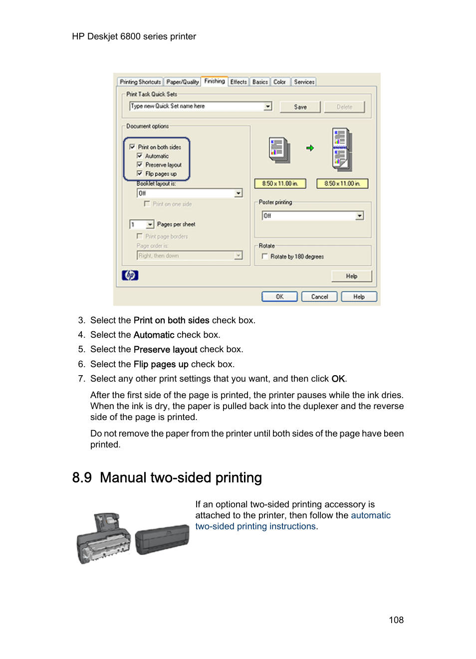 9 manual two-sided printing, Two-sided printing, Manually | Manual two-sided printing | HP Deskjet 6840 Color Inkjet Printer User Manual | Page 108 / 193