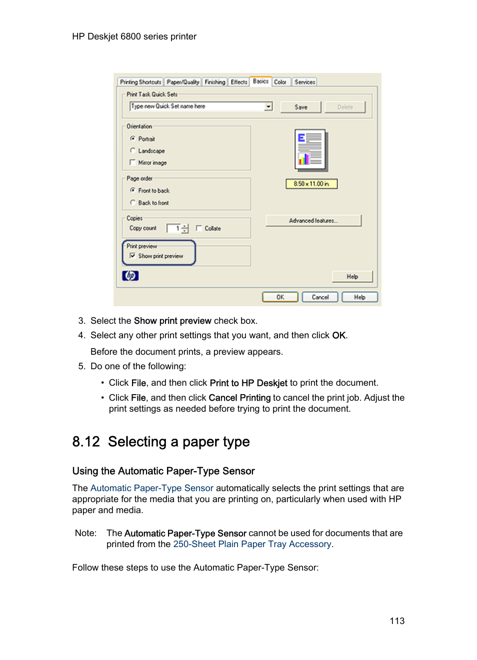 12 selecting a paper type, Using the automatic paper-type sensor, To use the automatic paper-type sensor, see the | Paper-type selection, Paper type | HP Deskjet 6840 Color Inkjet Printer User Manual | Page 113 / 193