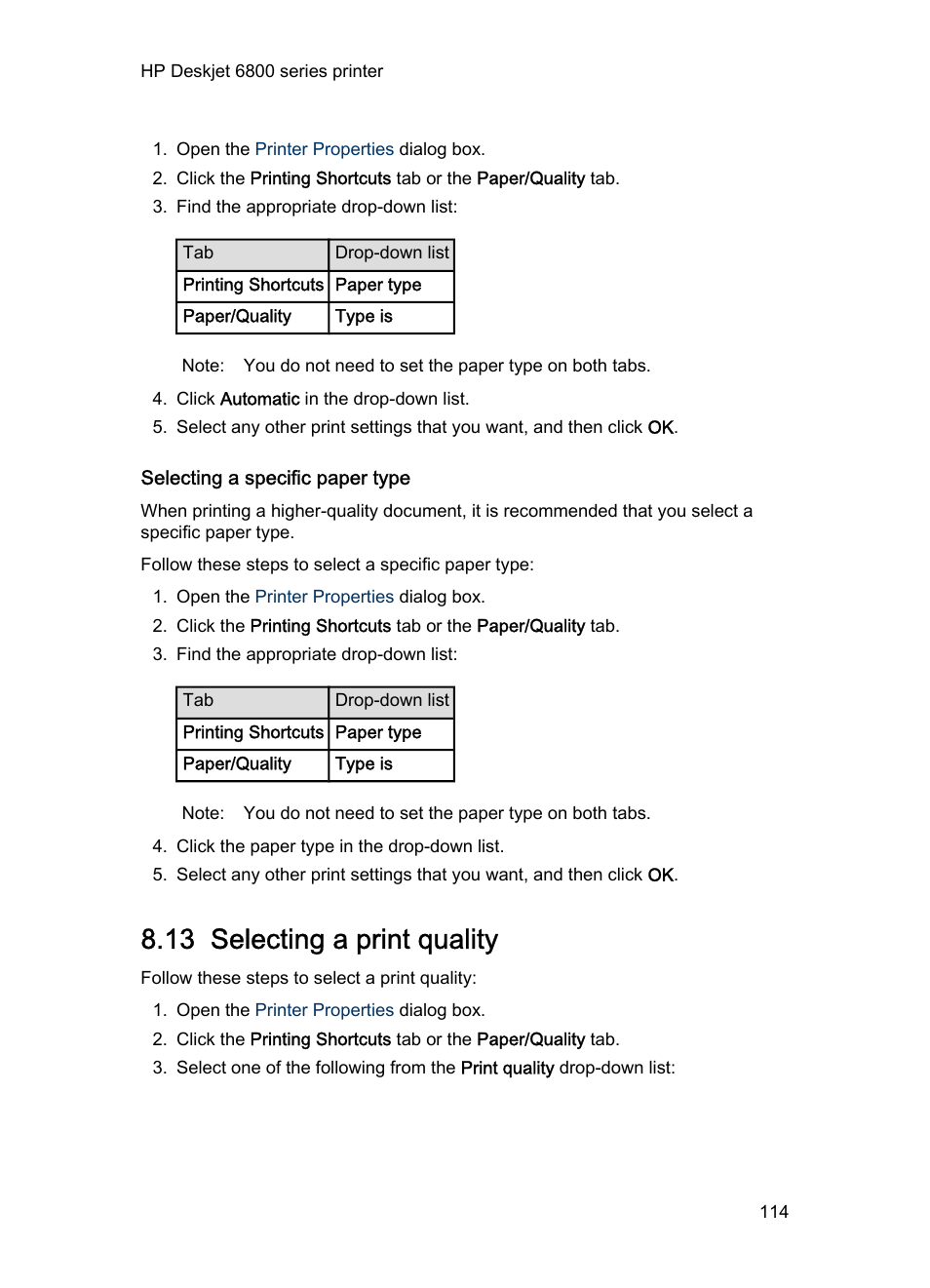 Selecting a specific paper type, 13 selecting a print quality, Print quality | HP Deskjet 6840 Color Inkjet Printer User Manual | Page 114 / 193