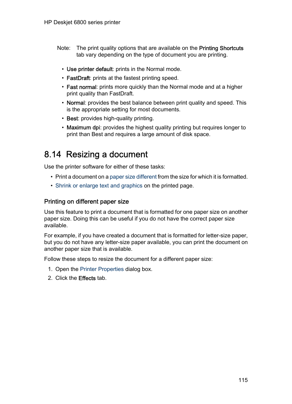 14 resizing a document, Printing on different paper size, Resize | HP Deskjet 6840 Color Inkjet Printer User Manual | Page 115 / 193