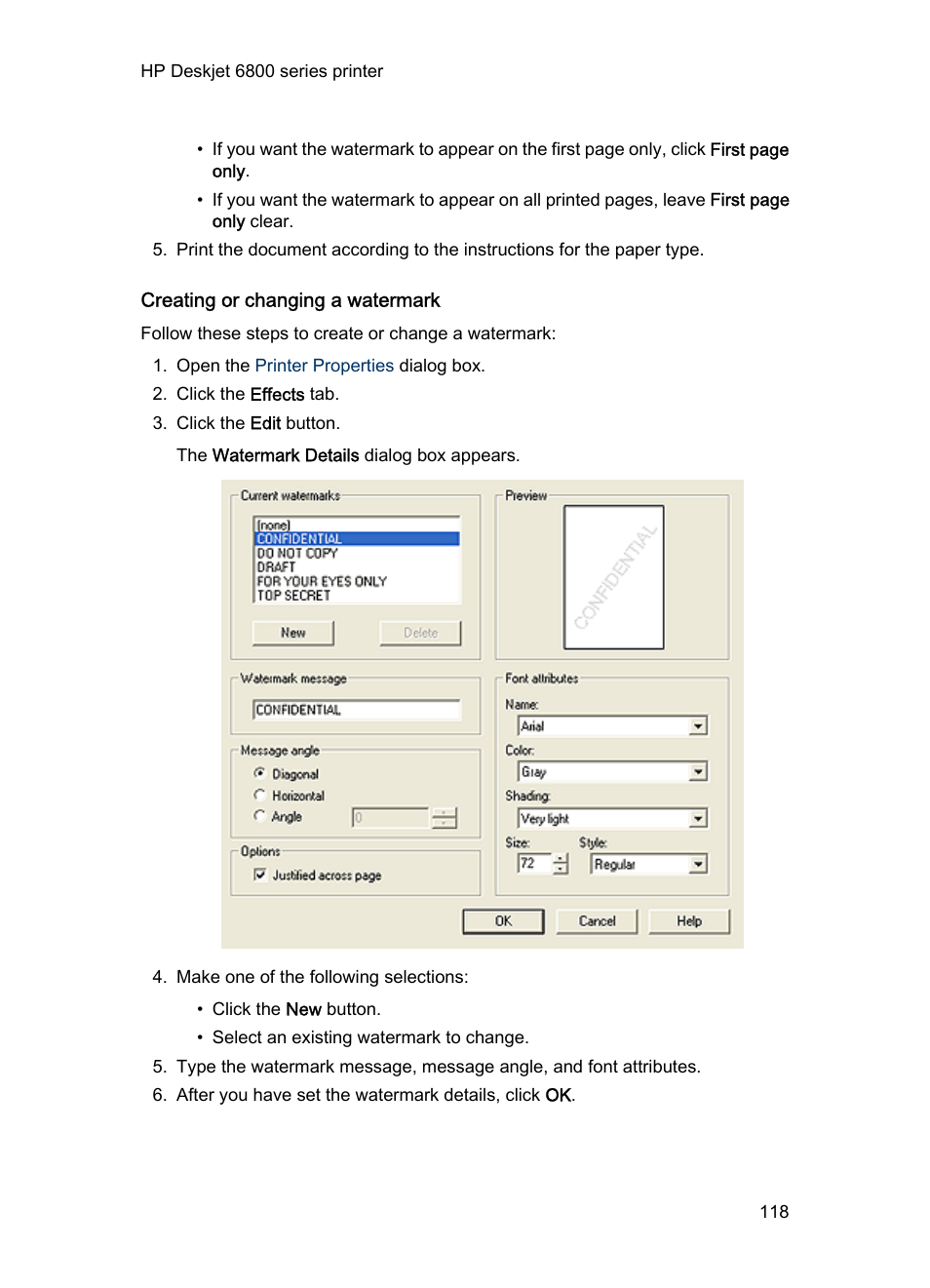 Creating or changing a watermark | HP Deskjet 6840 Color Inkjet Printer User Manual | Page 118 / 193