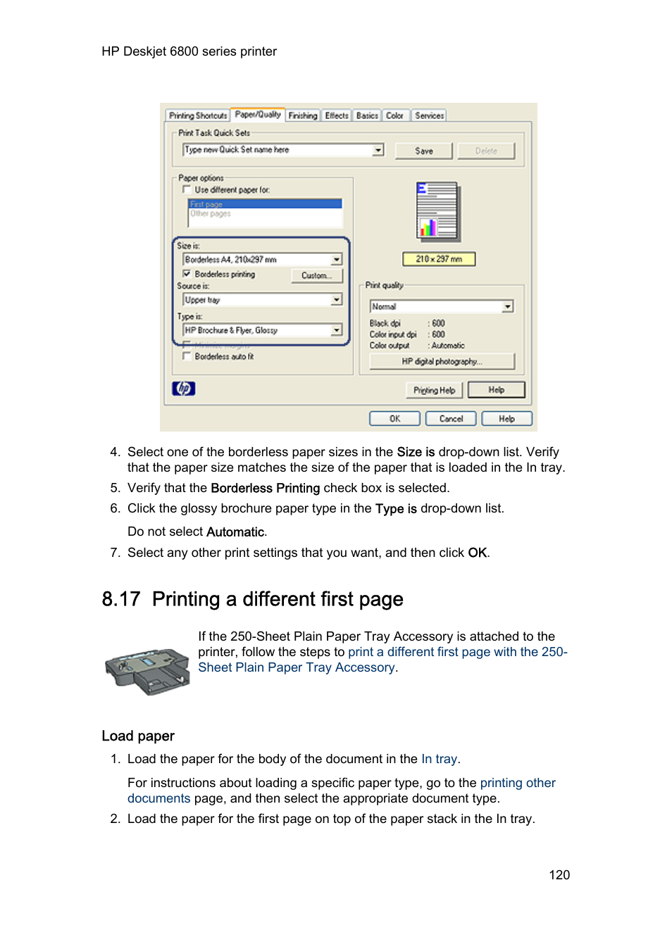 Load paper, Different paper type, 17 printing a different first page | HP Deskjet 6840 Color Inkjet Printer User Manual | Page 120 / 193