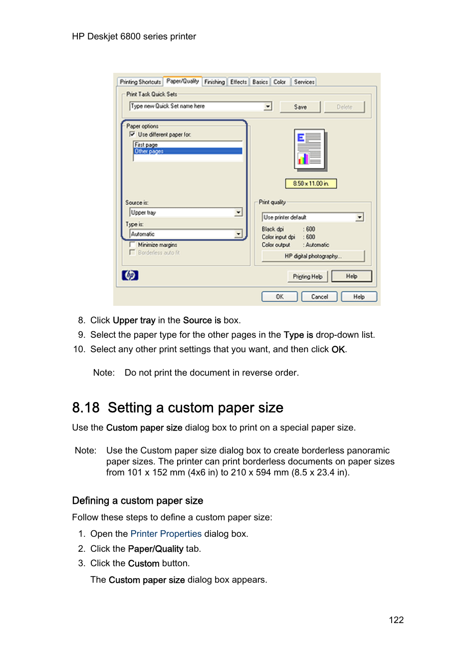 18 setting a custom paper size, Defining a custom paper size, Custom paper size | HP Deskjet 6840 Color Inkjet Printer User Manual | Page 122 / 193