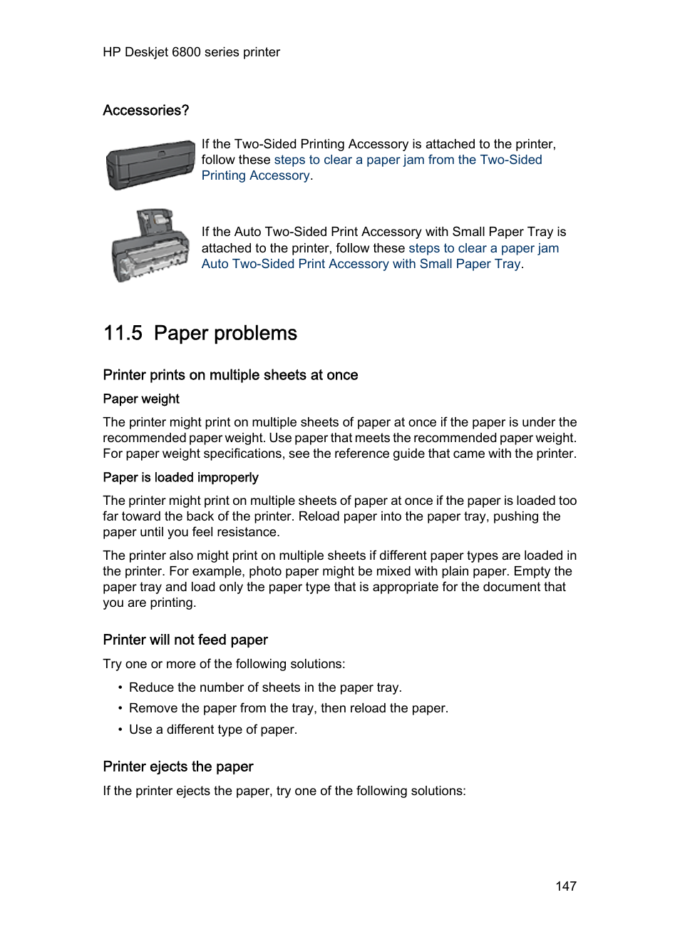 Accessories, 5 paper problems, Printer prints on multiple sheets at once | Paper weight, Paper is loaded improperly, Printer will not feed paper, Printer ejects the paper, Paper problems, Printer ejects paper | HP Deskjet 6840 Color Inkjet Printer User Manual | Page 147 / 193