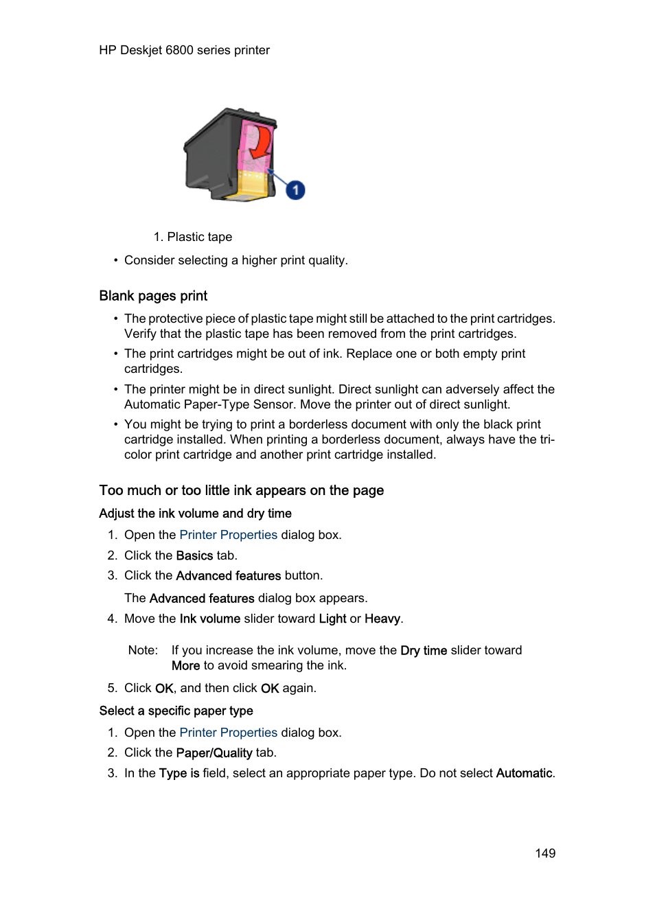 Adjust the ink volume and dry time, Select a specific paper type | HP Deskjet 6840 Color Inkjet Printer User Manual | Page 149 / 193