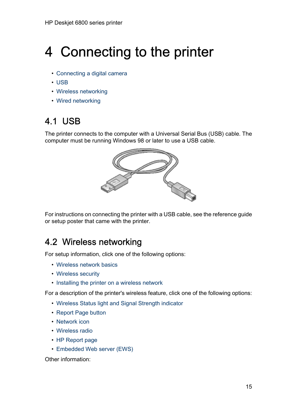 4 connecting to the printer, 1 usb, 2 wireless networking | Connecting to the printer, Wireless, Network, Rear usb port | HP Deskjet 6840 Color Inkjet Printer User Manual | Page 15 / 193