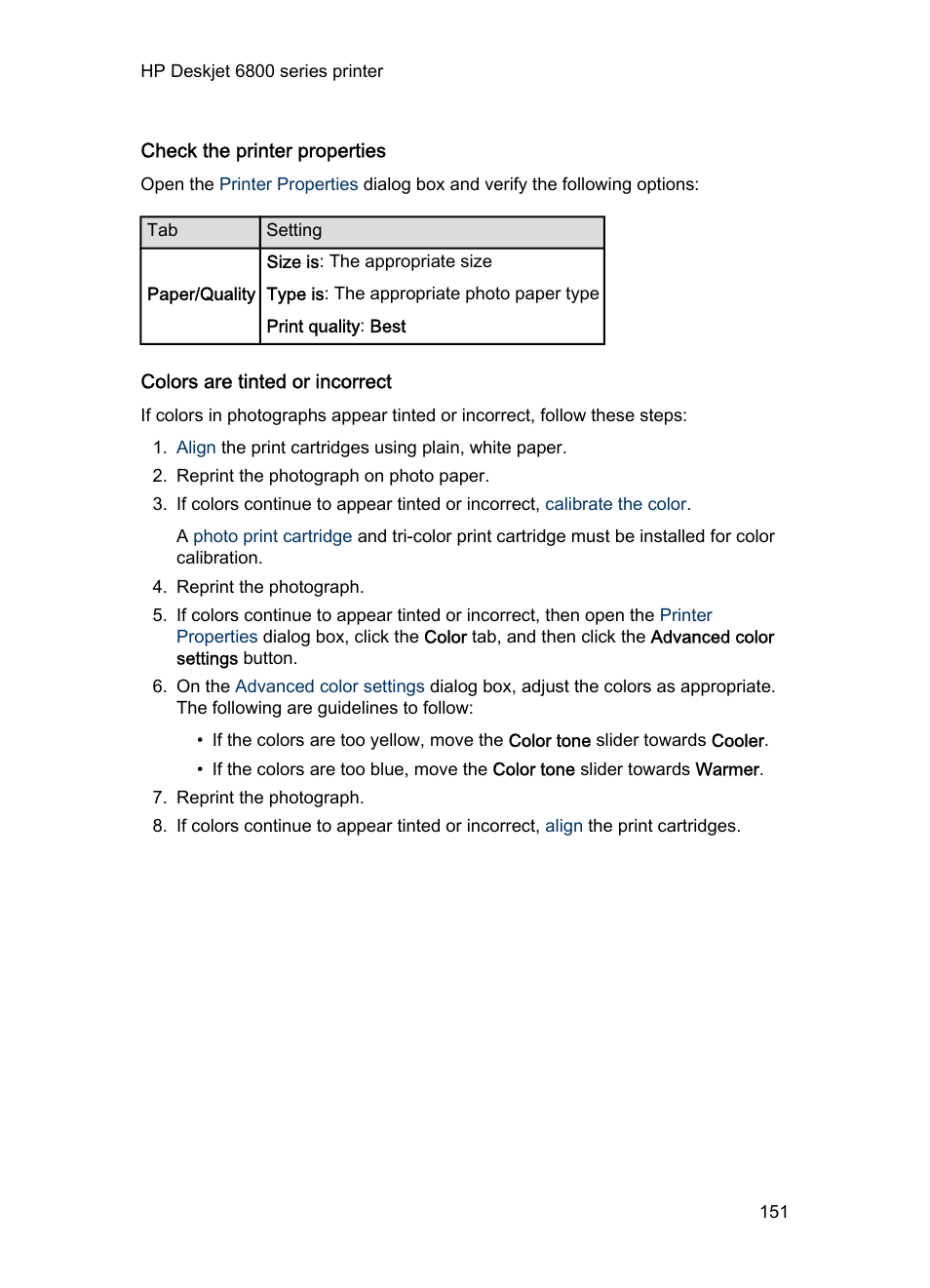 Check the printer properties, Colors are tinted or incorrect | HP Deskjet 6840 Color Inkjet Printer User Manual | Page 151 / 193