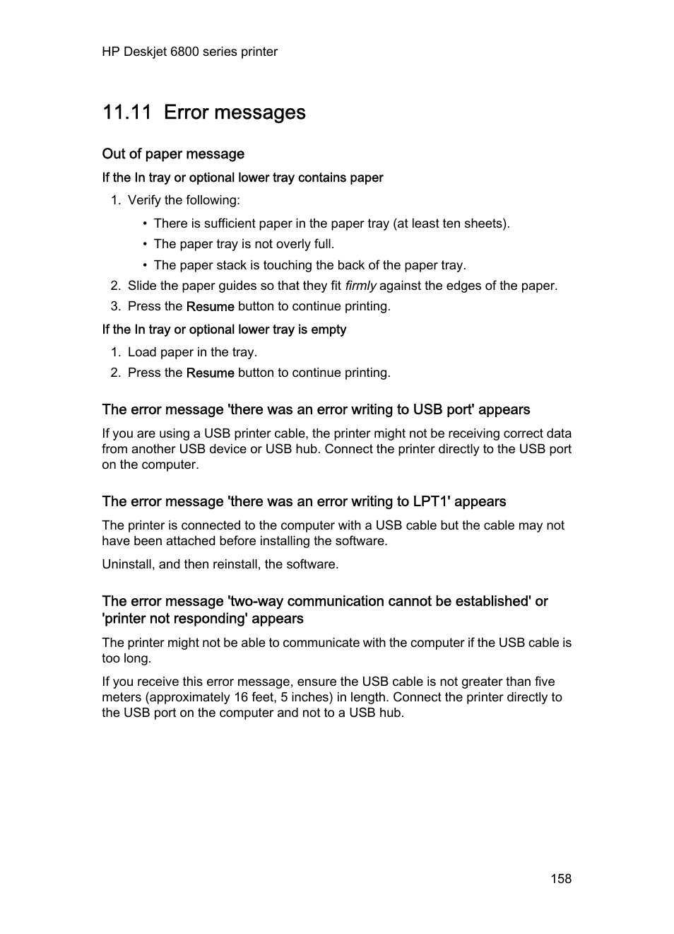 11 error messages, Out of paper message, If the in tray or optional lower tray is empty | Error messages, If an out-of-paper message appears, see the | HP Deskjet 6840 Color Inkjet Printer User Manual | Page 158 / 193