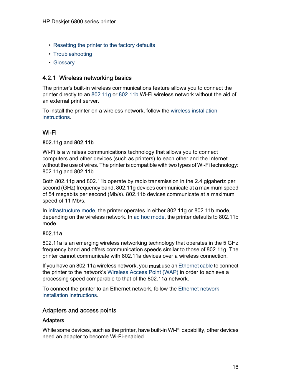 1 wireless networking basics, Wi-fi, 11g and 802.11b | Adapters and access points, Adapters, Wireless network basics | HP Deskjet 6840 Color Inkjet Printer User Manual | Page 16 / 193