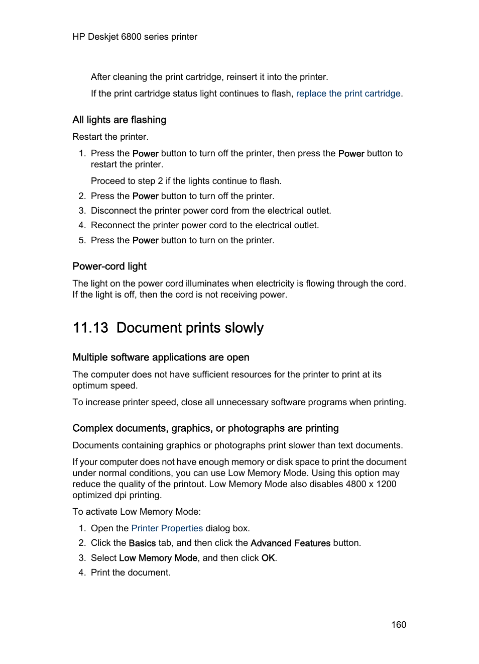 All lights are flashing, Power-cord light, 13 document prints slowly | Multiple software applications are open, Document prints slowly | HP Deskjet 6840 Color Inkjet Printer User Manual | Page 160 / 193