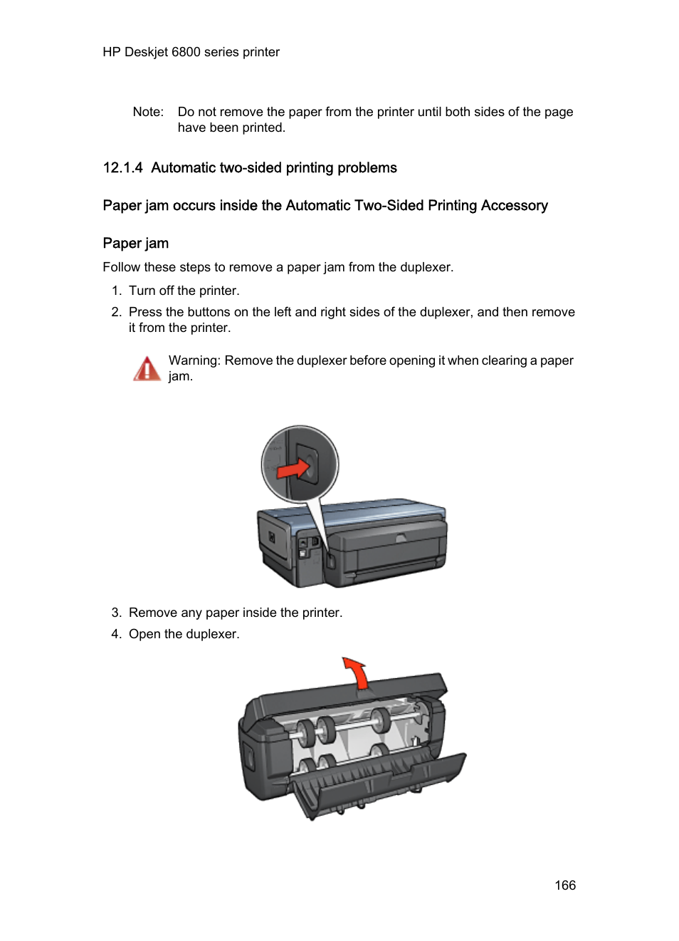 4 automatic two-sided printing problems, Paper jam, Steps to clear a paper jam from the two-sided | Printing accessory | HP Deskjet 6840 Color Inkjet Printer User Manual | Page 166 / 193