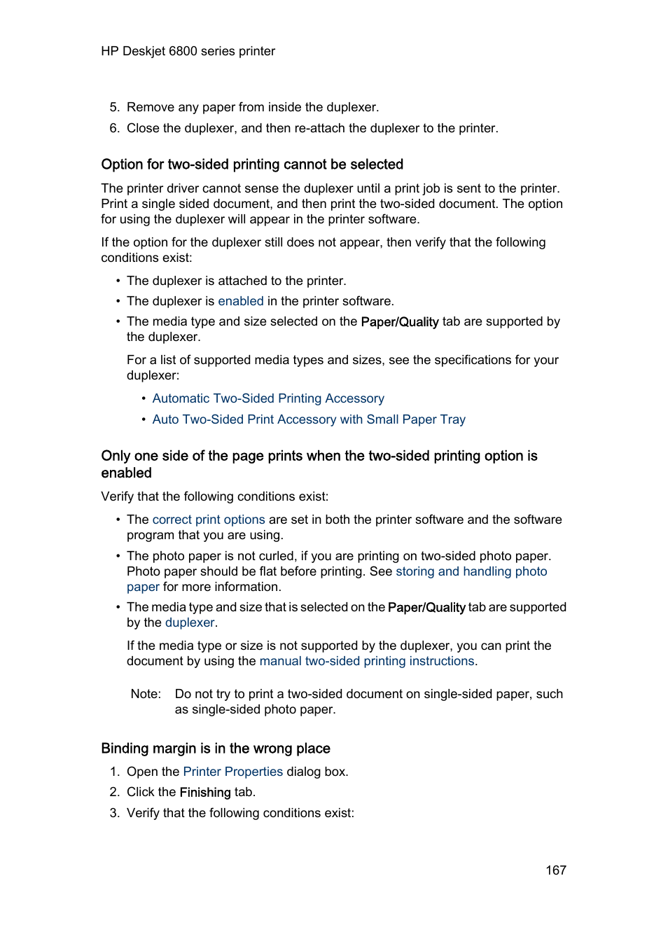 Option for two-sided printing cannot be selected, Binding margin is in the wrong place | HP Deskjet 6840 Color Inkjet Printer User Manual | Page 167 / 193