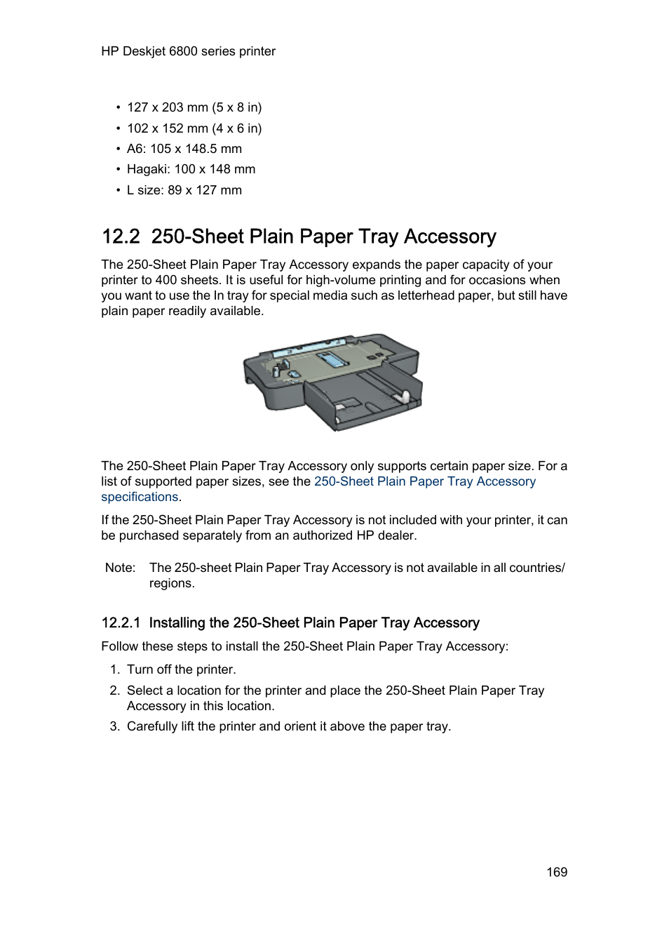 2 250-sheet plain paper tray accessory, Sheet plain paper tray accessory, And expand the printer's paper-handling | Sheet plain paper tray, Accessory, Optional), Or the, Installation steps, Sheet plain paper, Tray accessory | HP Deskjet 6840 Color Inkjet Printer User Manual | Page 169 / 193